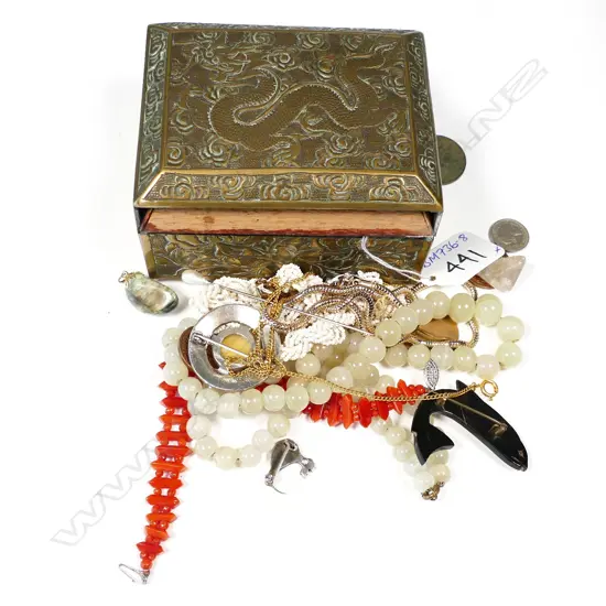 JEWELLERY BOX & CONTENTS: CORAL BRACELET NECKLACES ETC