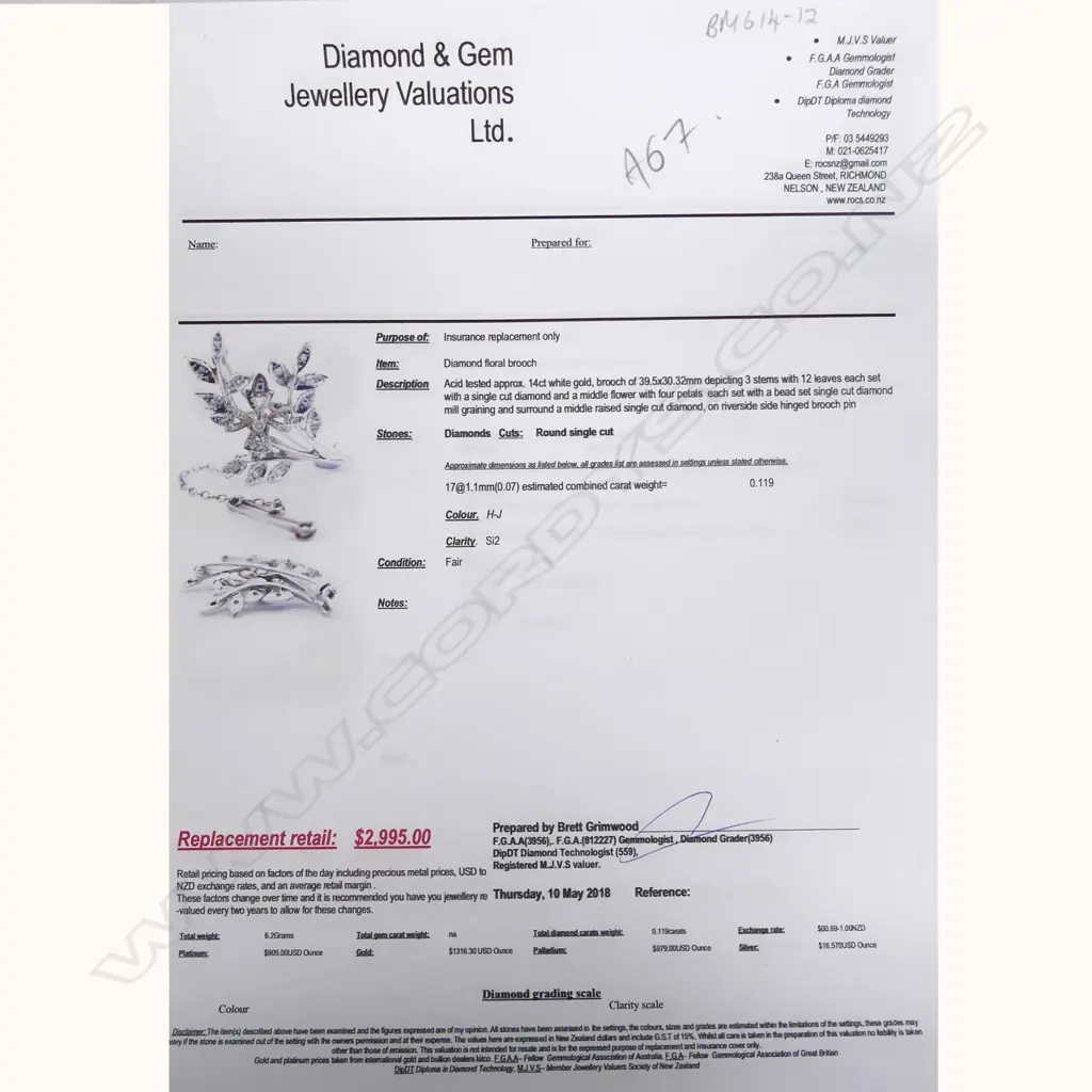 14CT WHITE GOLD DIAMOND BROOCH REPLACEMENT VALUATION $2995 (A67) Image 1++