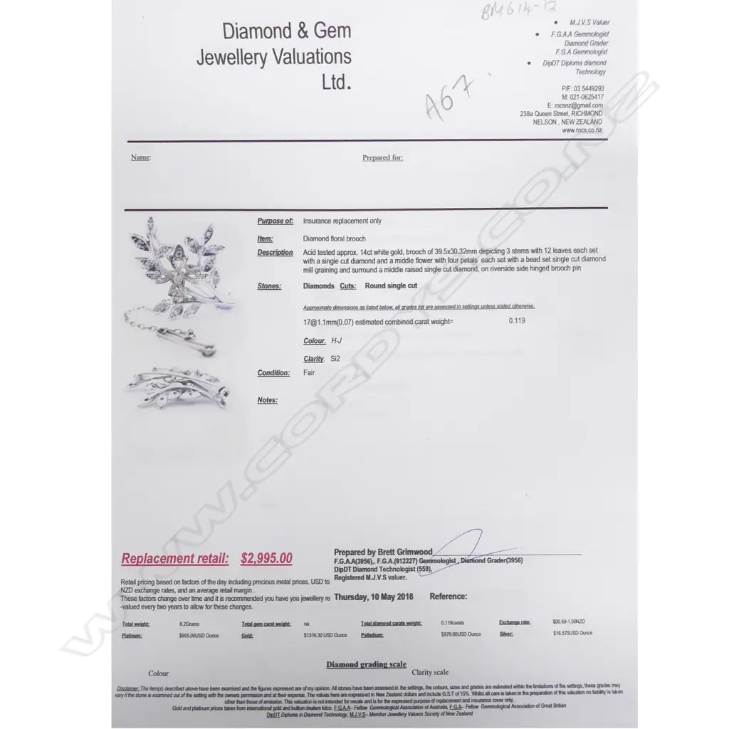 14CT WHITE GOLD DIAMOND BROOCH REPLACEMENT VALUATION $2995 (A67) Image 1++