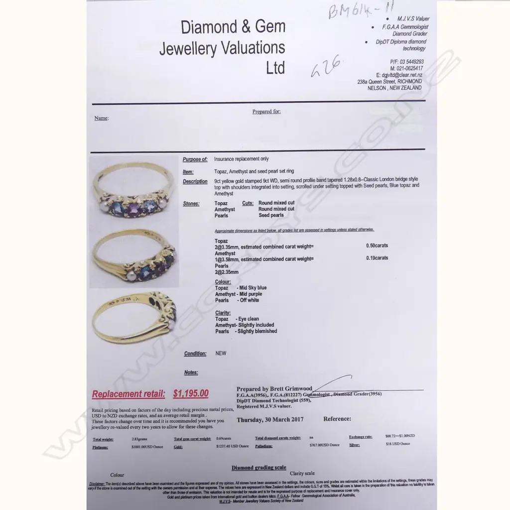 9CT GOLD TOPAZ AMETHYST PEARL RING REPLACEMENT VALUATION $1195 (G26) Image 1++