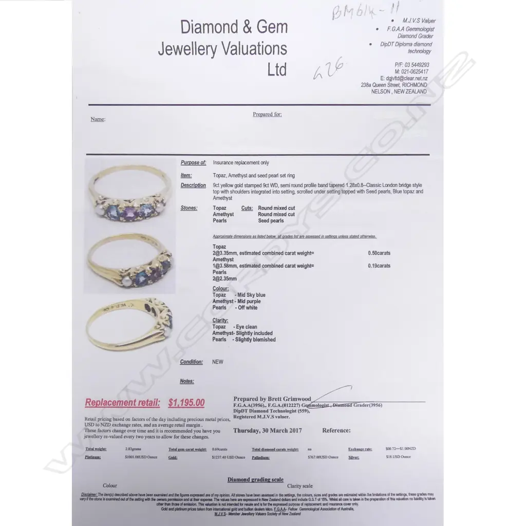 9CT GOLD TOPAZ AMETHYST PEARL RING REPLACEMENT VALUATION $1195 (G26) Image 1++