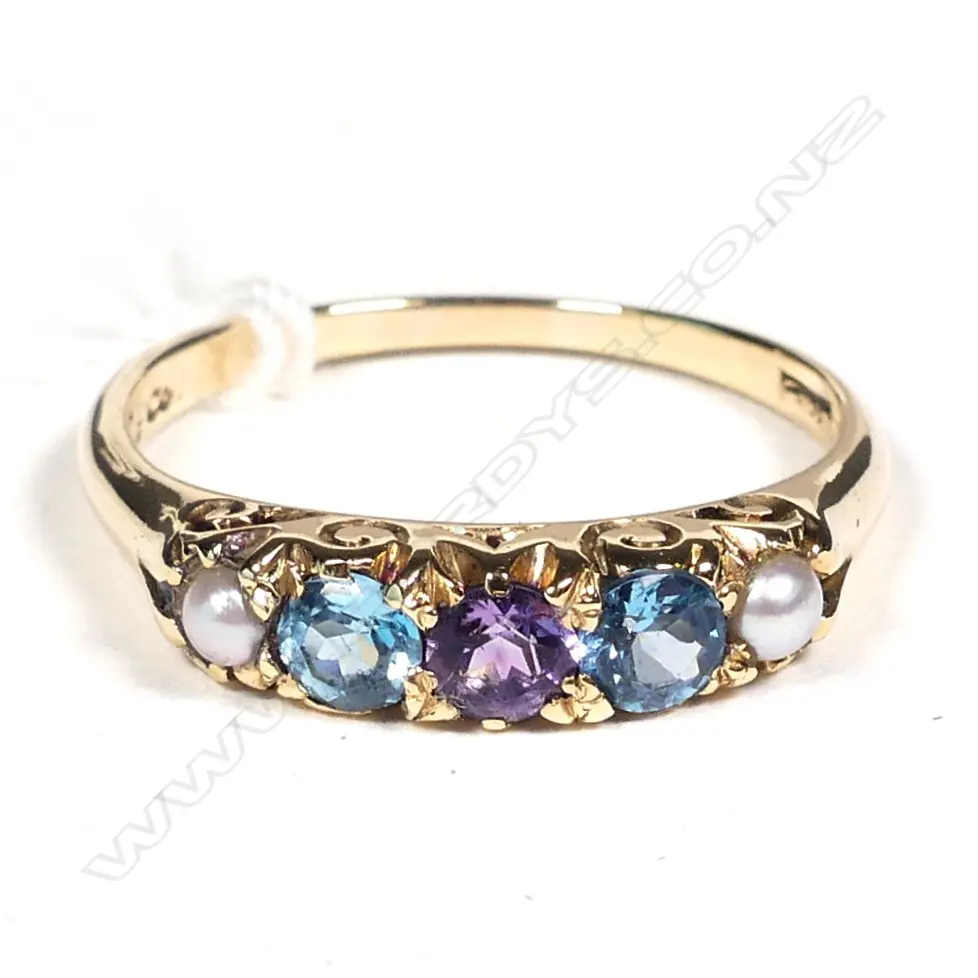 9CT GOLD TOPAZ AMETHYST PEARL RING REPLACEMENT VALUATION $1195 (G26) Image 1++