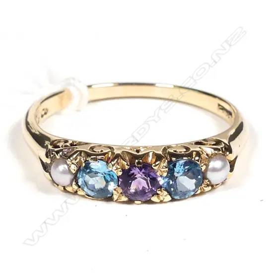 9CT GOLD TOPAZ AMETHYST PEARL RING REPLACEMENT VALUATION $1195 (G26)