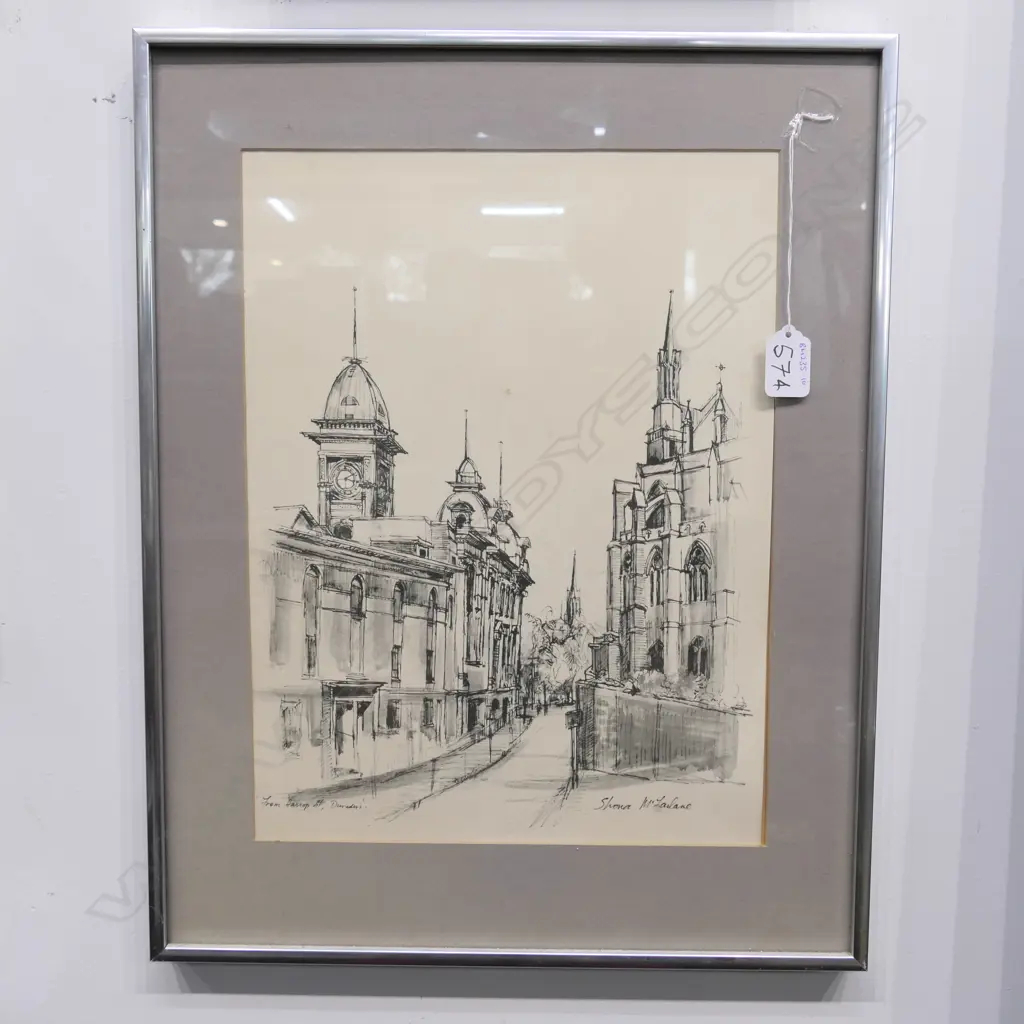 SHONA MACFARLANE INK SKETCH 'FROM HARROP ST. DUNEDIN 270MM X 300MM Image 1++