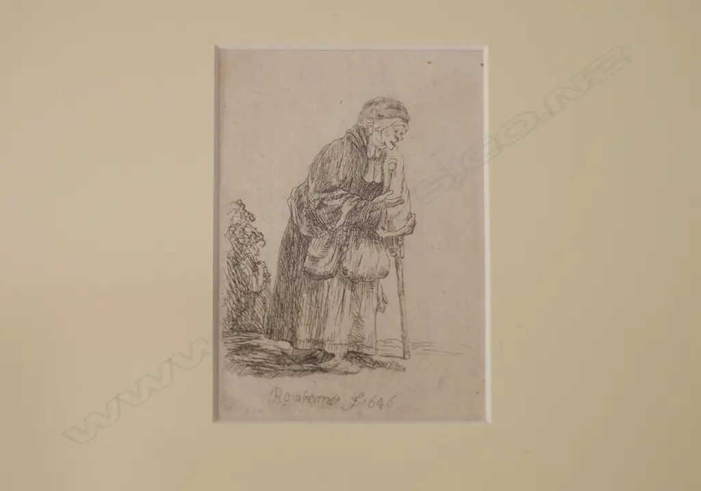 AFTER REMBRANDT ETCHING WOMAN WITH STICK Image 1++