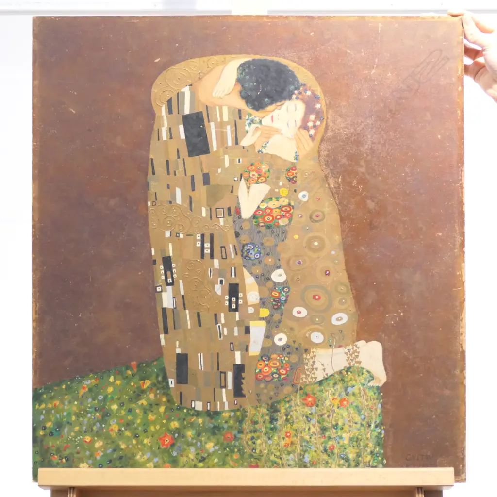 'THE KISS' MIXED MEDIA OIL & GOLD PAINT ON BOARD, AFTER GUSTAV KLIMT. 655 x 605mm Image 1++