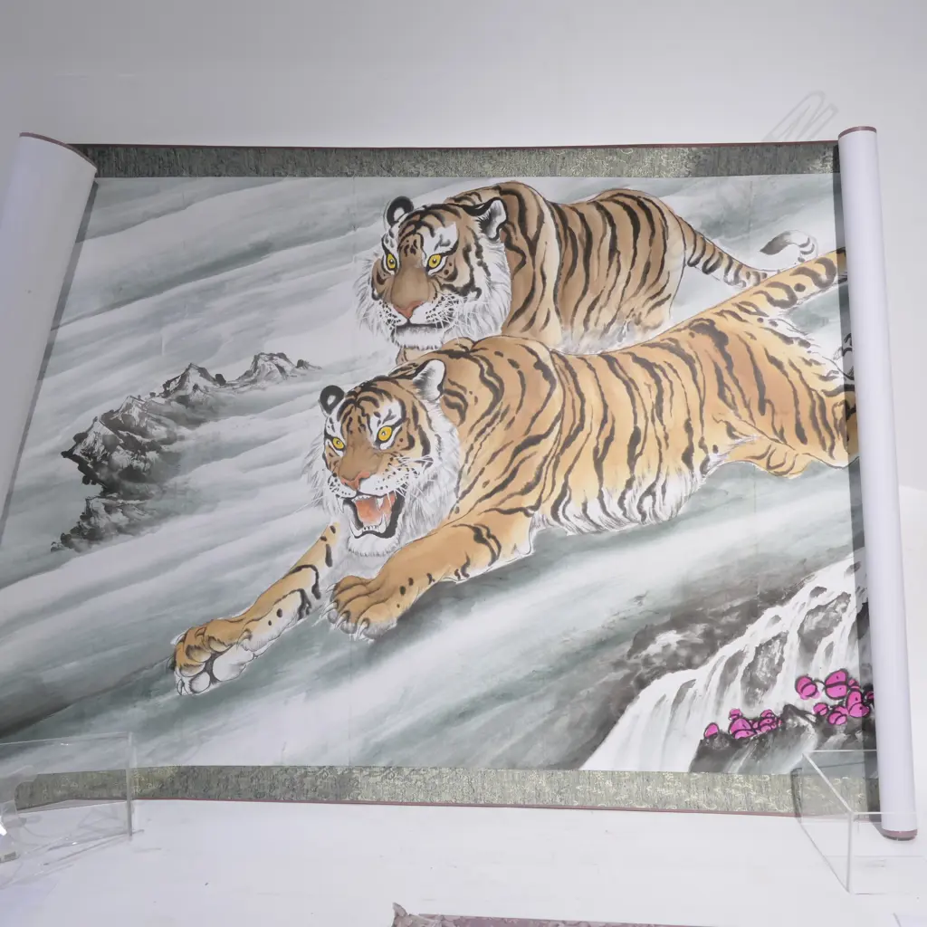 PAINTED ORIENTAL SCROLL W/ TIGERS  Image 1++