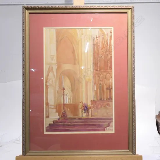IMcE ARTIST UNKNOWN W/C CHURCH INTERIOR c1920'S H. 480MM  W. 310MM