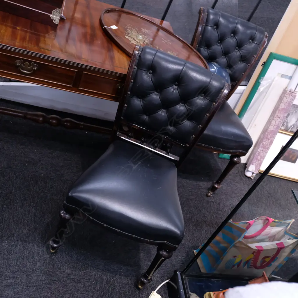 PR VICTORIAN BLACK LEATHER UPHOLSTERED CHAIRS Image 1++