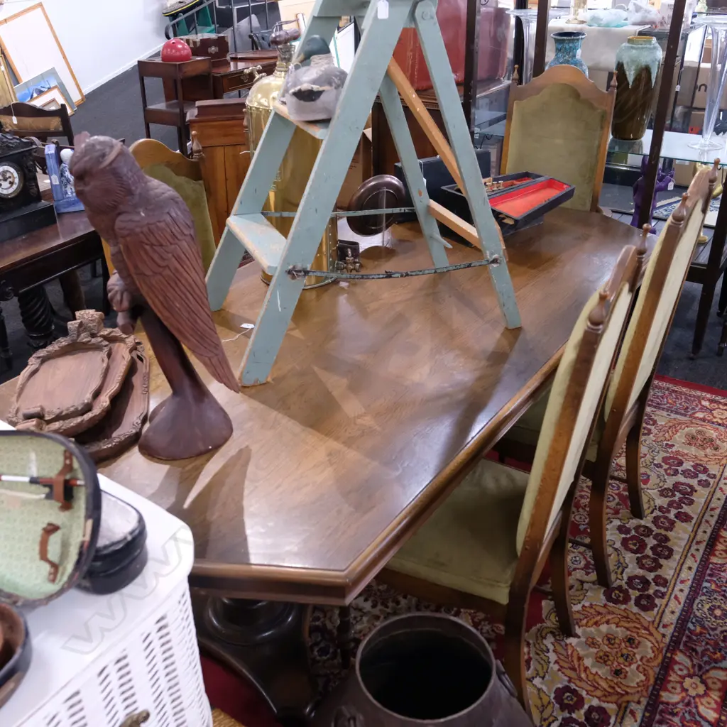 OAK TWIN PEDESTAL DINING TABLE AND 5 HIGH BACK CHAIRS L2110 MM Image 1++