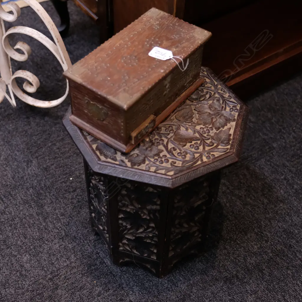 CARVED COLLAPSIBLE SIDE-TABLE + BRASS BOUND BOX - TABLE DIA. 295MM Image 1++