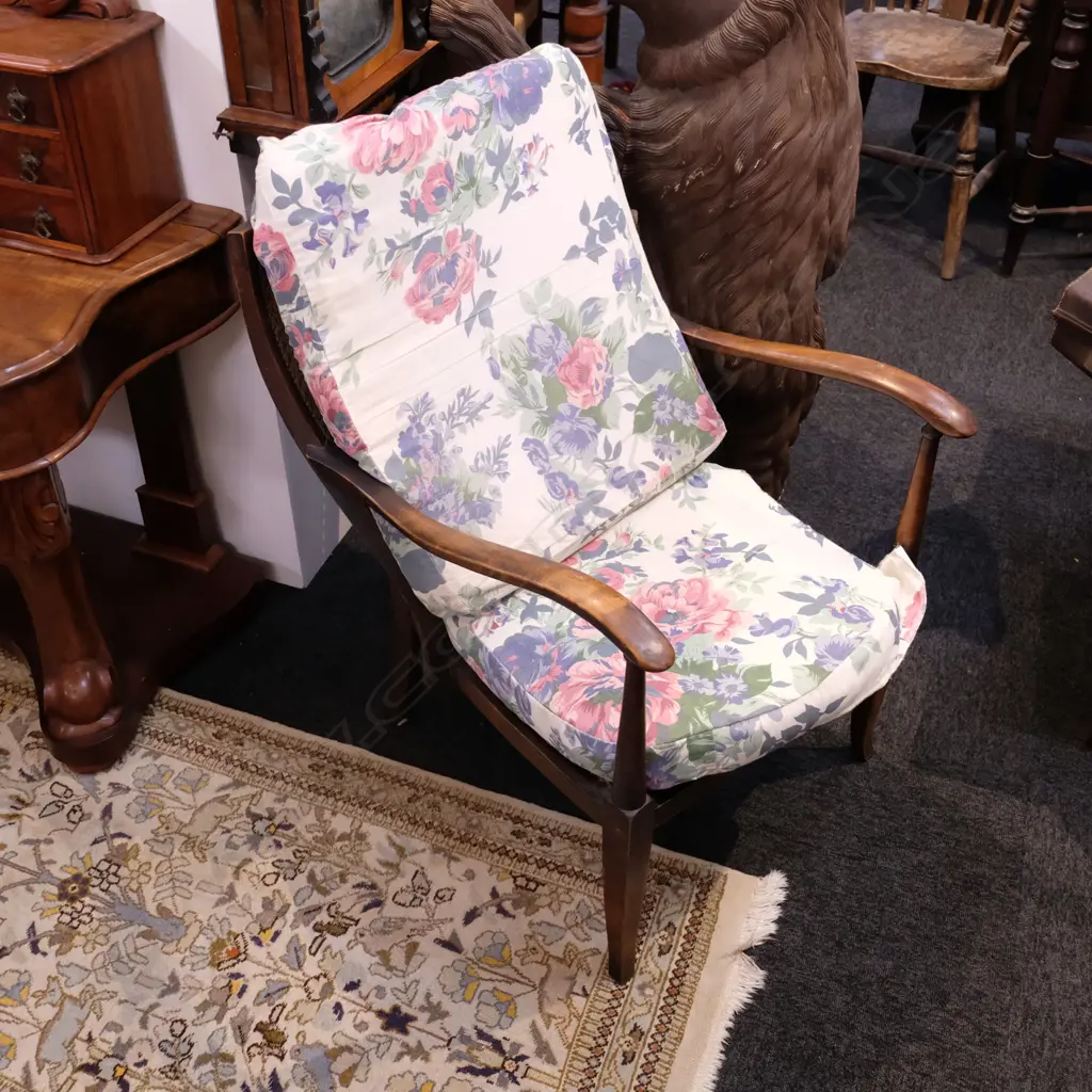 TWO CANE BACKED OPEN ELBOW ARMCHAIRS Image 1++