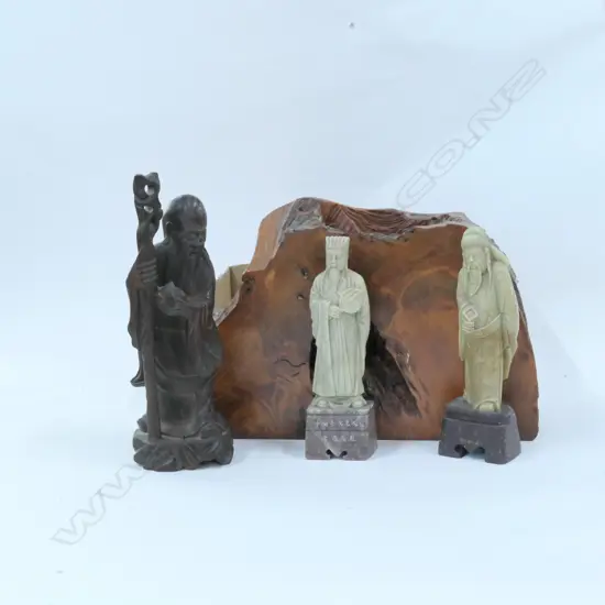3 CARVED CHINESE FIGURES + KAURI STAND