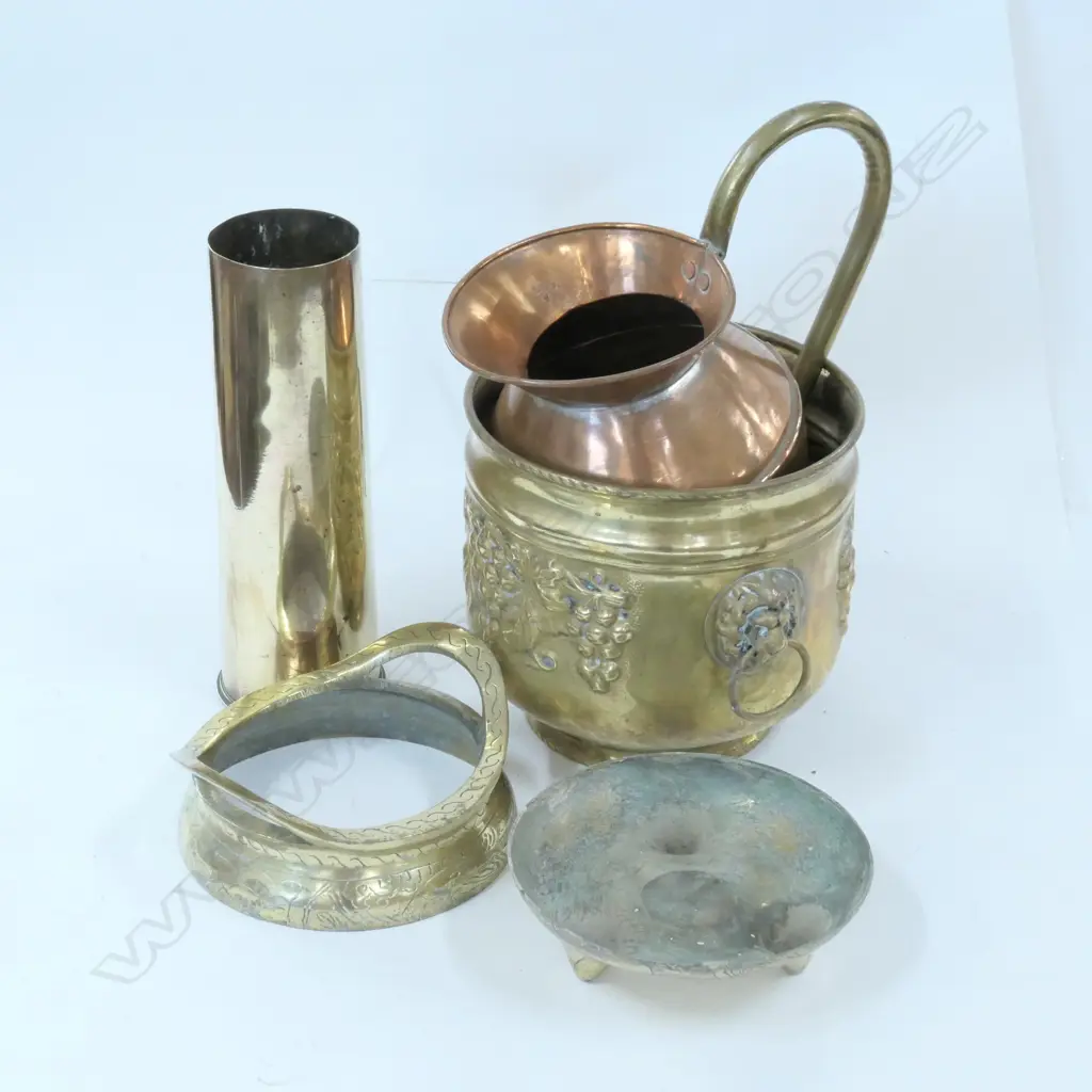WWI BRASS SHELL CASE, JARDINIERE, CHINESE CENSER (AF) & COPPER JUG Image 1++