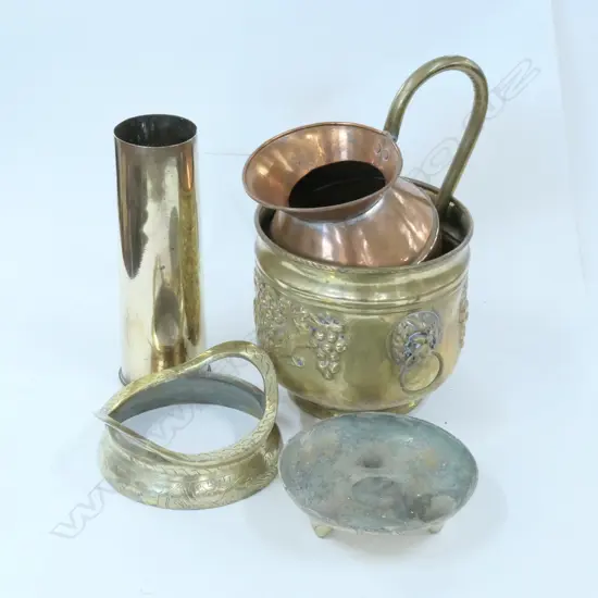 WWI BRASS SHELL CASE, JARDINIERE, CHINESE CENSER (AF) & COPPER JUG