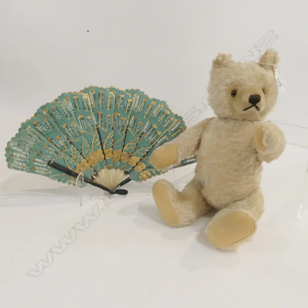 VINTAGE BLONDE TEDDY BEAR, VINTAGE HORN & PAPER FAN Image 1++
