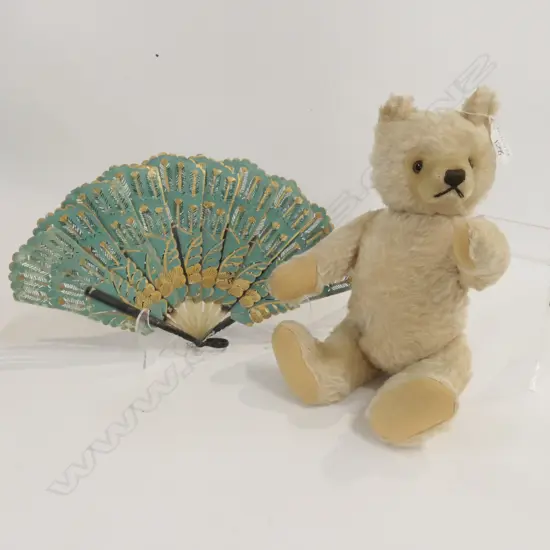 VINTAGE BLONDE TEDDY BEAR, VINTAGE HORN & PAPER FAN
