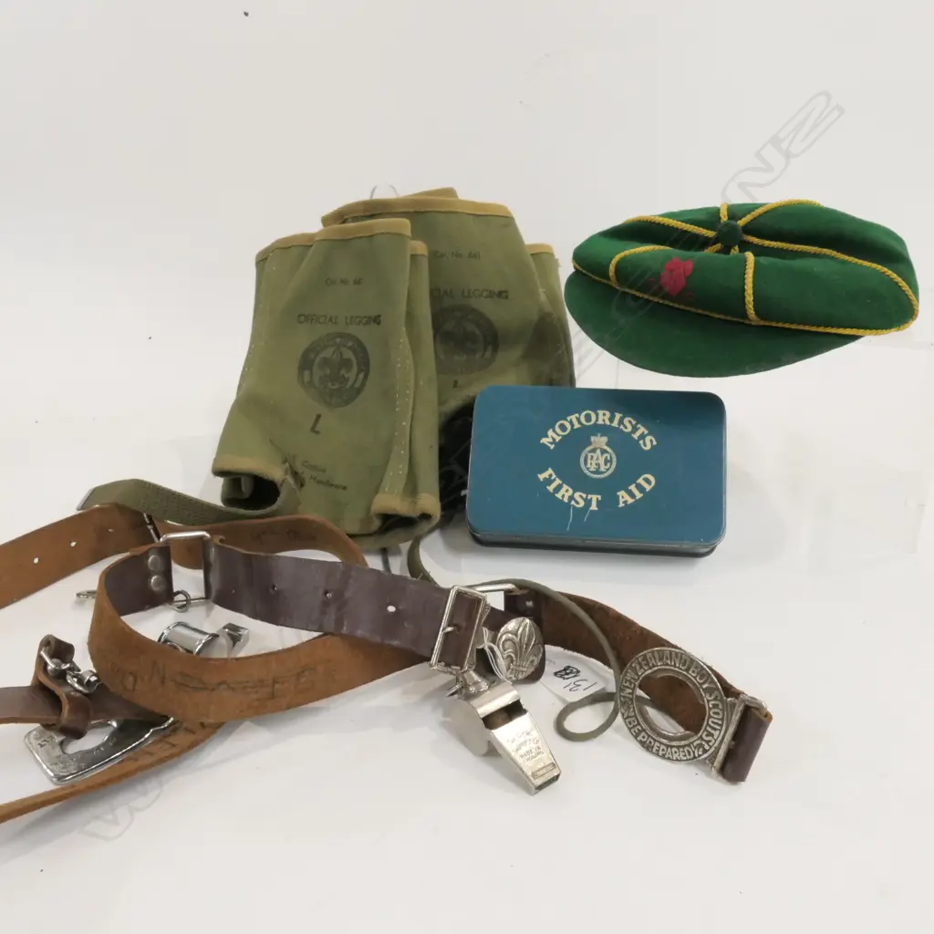 FIRST AID KIT, BOY AND GIRL SCOUT BELTS, LEGGINGS, CAP Image 1++