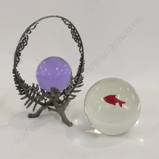 GOLDFISH GLASS PAPERWEIGHT AND PURPLE BALL ON STAND