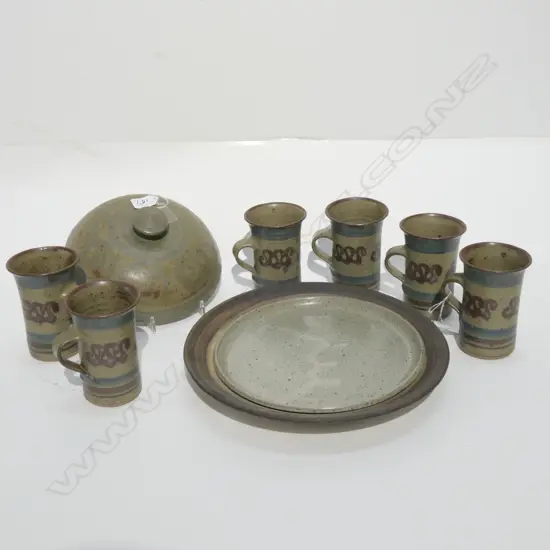 POTTERY DISH/COVER AND 6 ARNAUD BARRAUD MUGS D 290MM