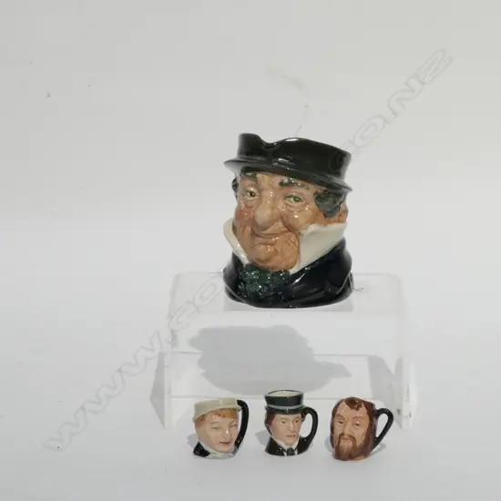 R.D. CHARACTER JUGS -CAPT CUTTLE MID-SIZE -D5842 & 3 TINY CHARLES DICKENS