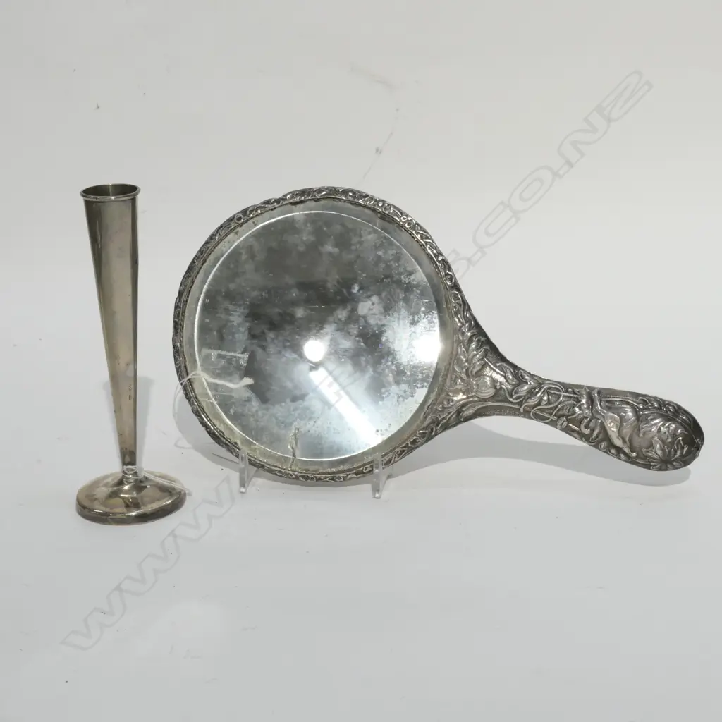 ART NOUVEAU HAND MIRROR AN SILVER SPECIMEN VASE - VASE WEIGHT 47GMS Image 1++