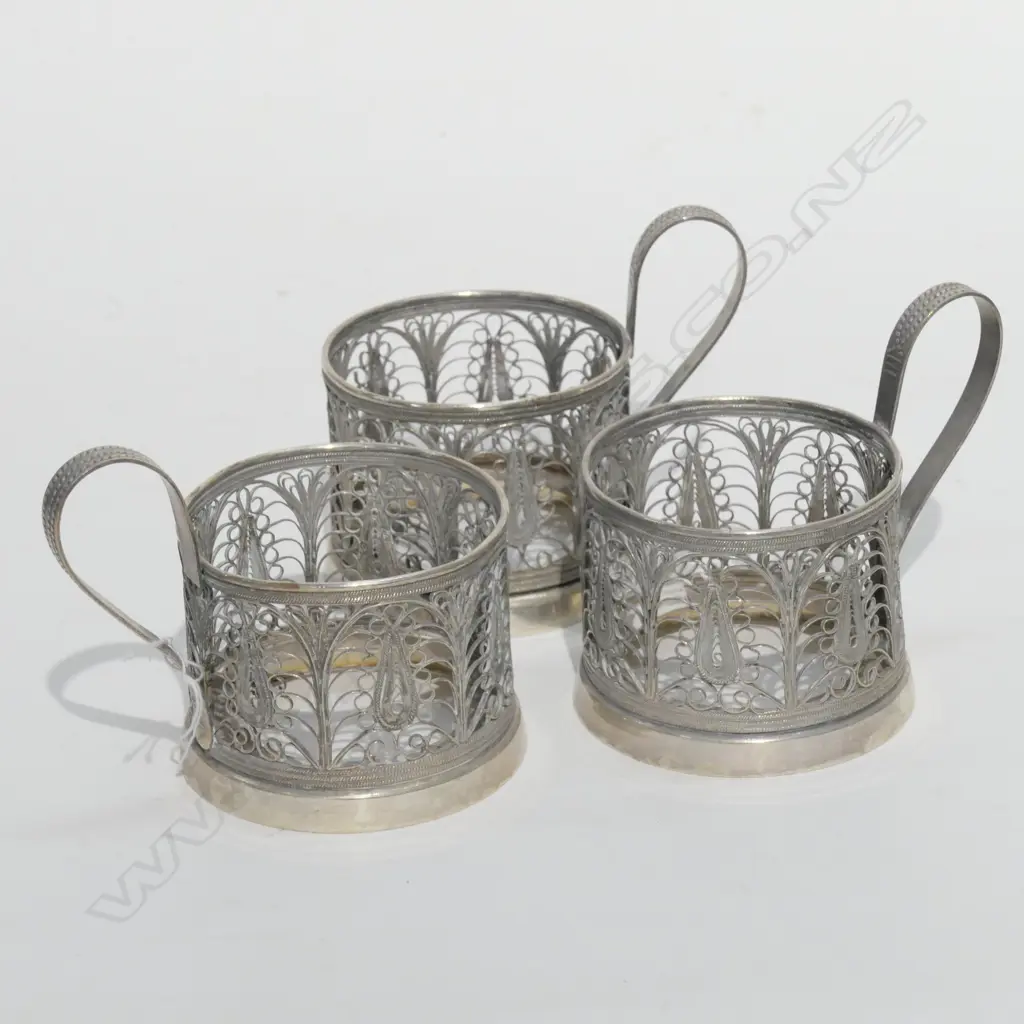 3 SILVER FILIGREE TEA CUP HOLDERS 225GMS Image 1++