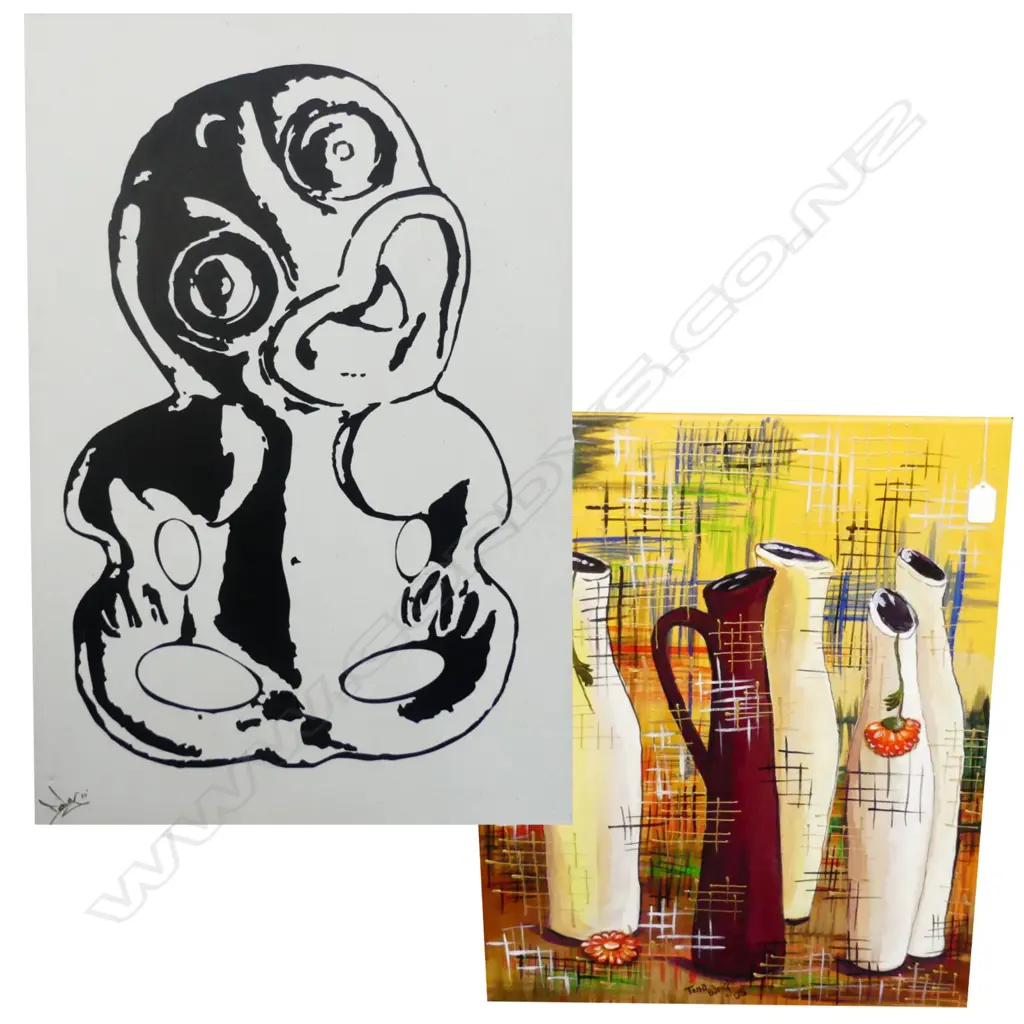 B & W TIKI ON CANVAS SIGNED, & OTHER SIGNED Image 1++