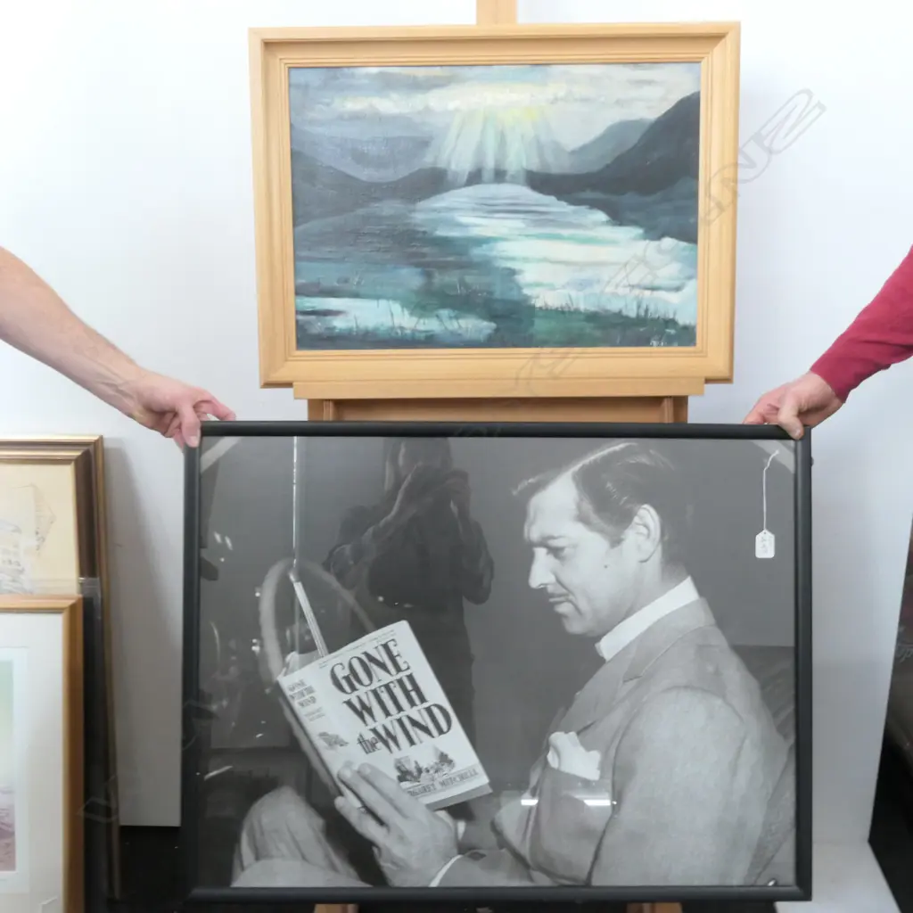 C F EMERY OIL LANDSCAPE 'DAWN AT LAKE TE ANAU' + CLARK GABLE PRINT. LARGEST 630 X 830 Image 1++