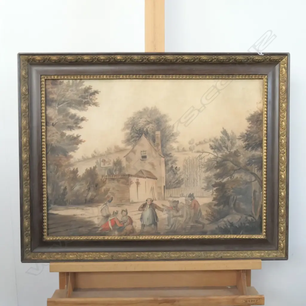 EARLY 19thC WATERCOLOUR, MILITARY & OTHER FIGURES OUTSIDE A TAVERN. 430 X 595mm Image 1++