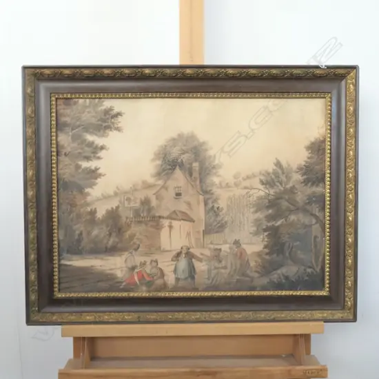 EARLY 19thC WATERCOLOUR, MILITARY & OTHER FIGURES OUTSIDE A TAVERN. 430 X 595mm