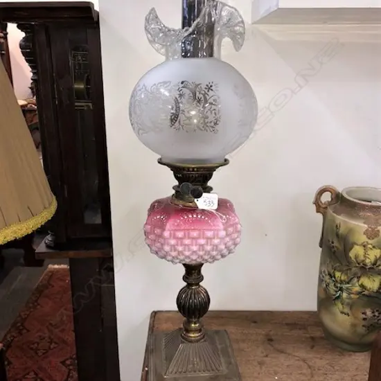 VICTORIAN BRASS KERO LAMP H 640 MM PINK GLASS BOWL