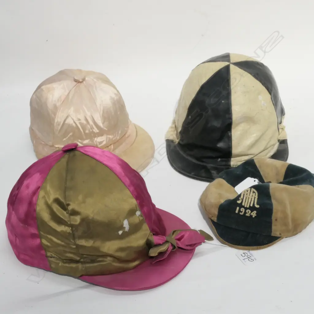 1924 RUGBY CAP - BLUE/WHITE PANELS / MONOGRAM / GOLD COIL TOP + 3 JOCKEYS CAPS Image 1++