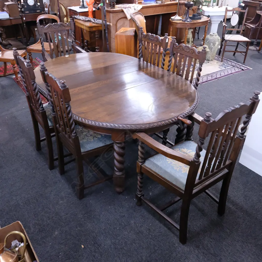 OAK BARLEY TWIST EXTENSION DINING TABLE W/ 6 CHAIRS + 2 LEAVES Image 1++