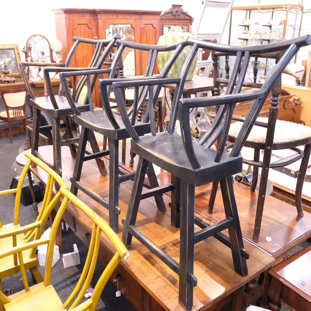 3 BLACK RUSTIC YOKE BACK CHINESE ELM OPEN ELBOW CHAIRS  Image 1++