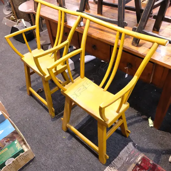 2 MUSTARD RUSTIC YOKE BACK CHINESE ELM OPEN ELBOW CHAIRS 