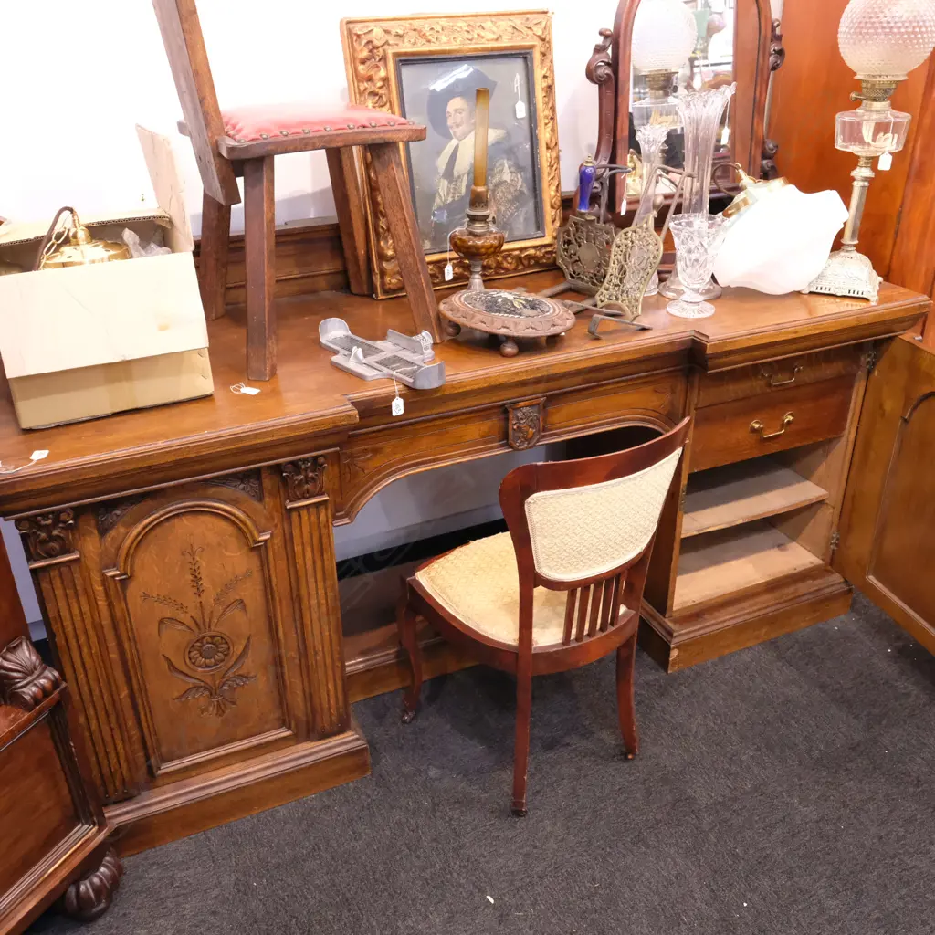 19TH C. OAK TWIN PEDESTAL BREAKFRONT SIDEBOARD W. 2060 Image 1++