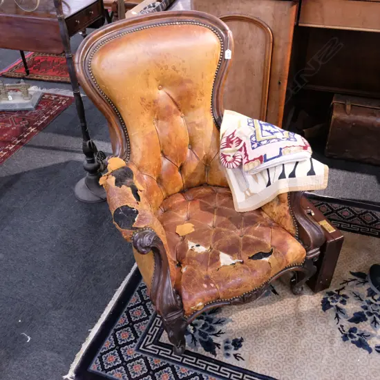 VICTORIAN GRANDFATHER CHAIR LEATHER UPHOLSTERY DISTRESSED