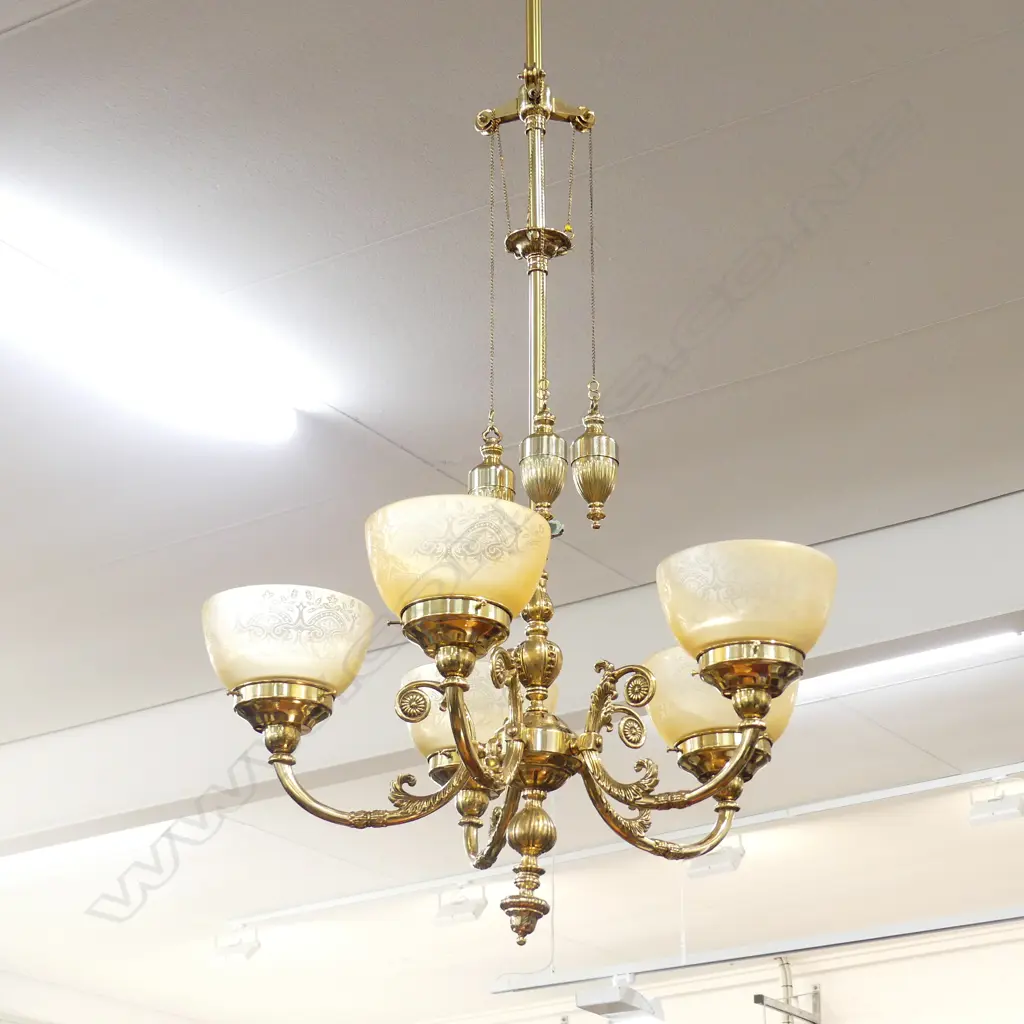 BRASS 5 BRANCH HANGING LIGHT FITTING H 1390 MM Image 1++