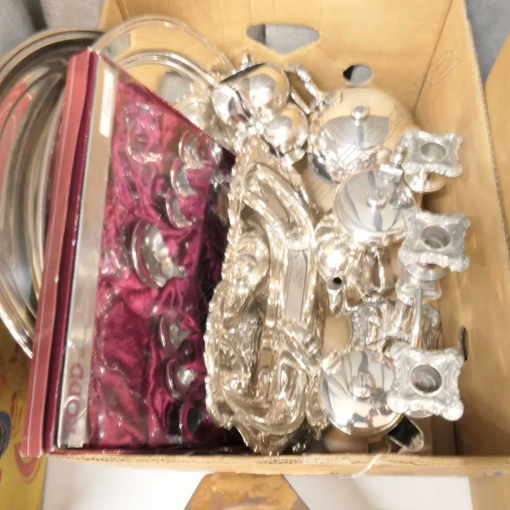 BOX SILVER PLATE TRAYS,& TEA SET, ETC Image 1++