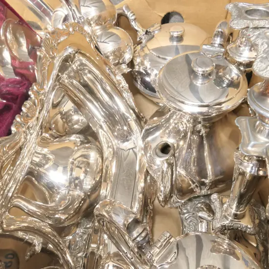 BOX SILVER PLATE TRAYS,& TEA SET, ETC