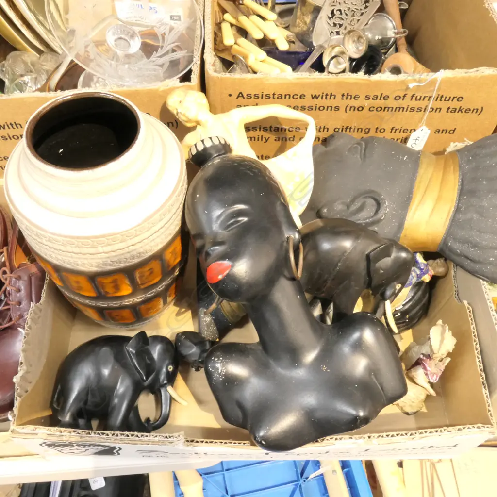 LOT ASST INCL. GERMAN VASE / EBONISED ELEPHANTS / POTTERY BUSTS ETC Image 1++