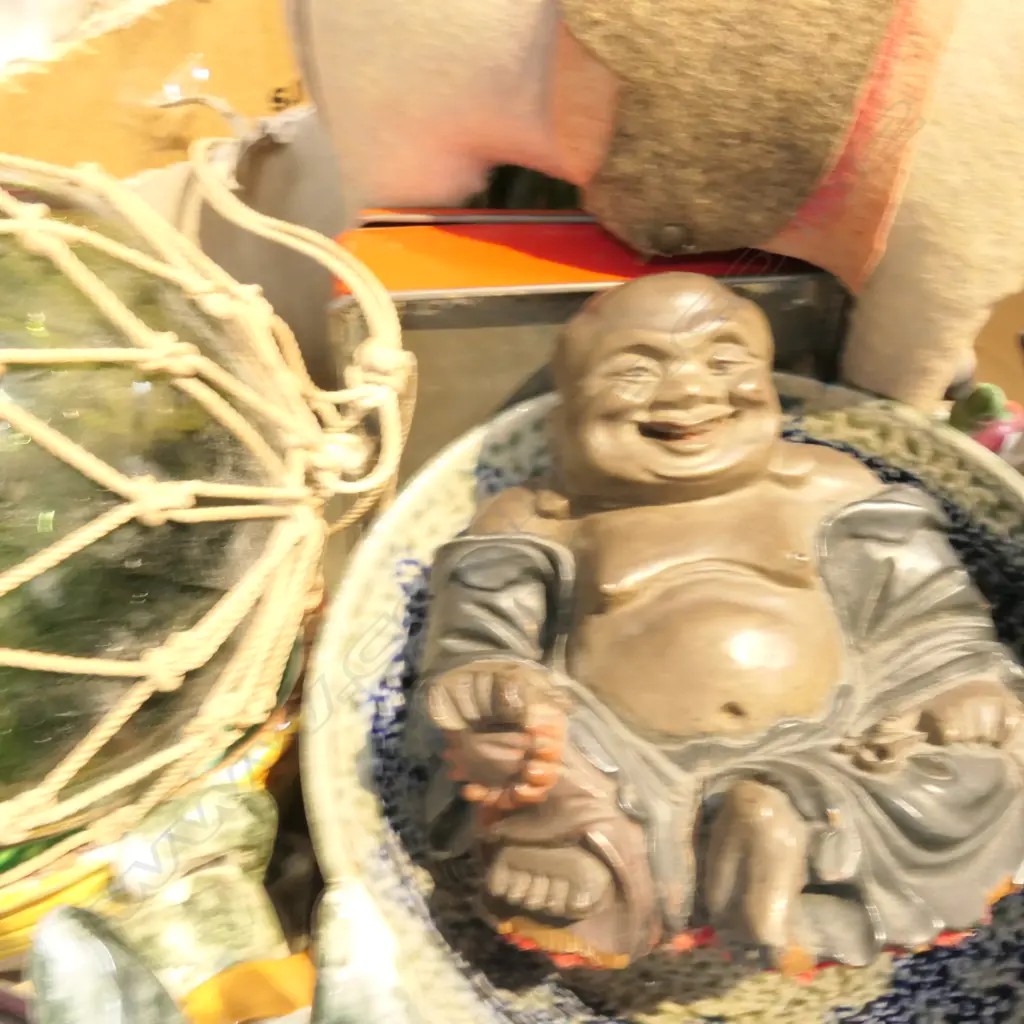 BOX ASSORTED INCLUDING SALT GLAZE PEDESTAL BOWL, GLASS FLOATS ETC Image 1++