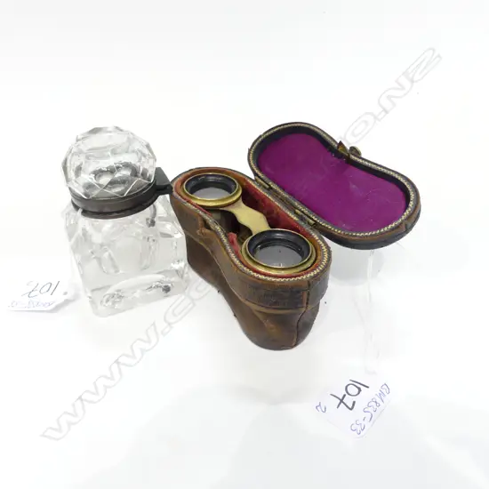 VICTORIAN GLASS INKWELL AND MOP OPERA GLASSES A.F