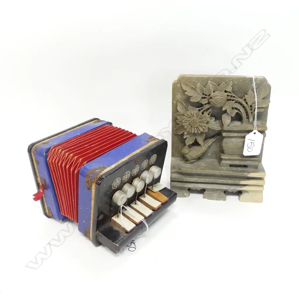 OLD TOY PIANO ACCORDION & CARVED BOOKEND Image 1++