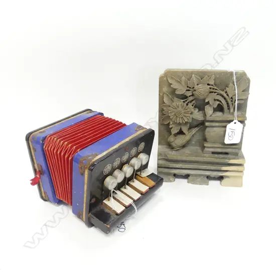 OLD TOY PIANO ACCORDION & CARVED BOOKEND