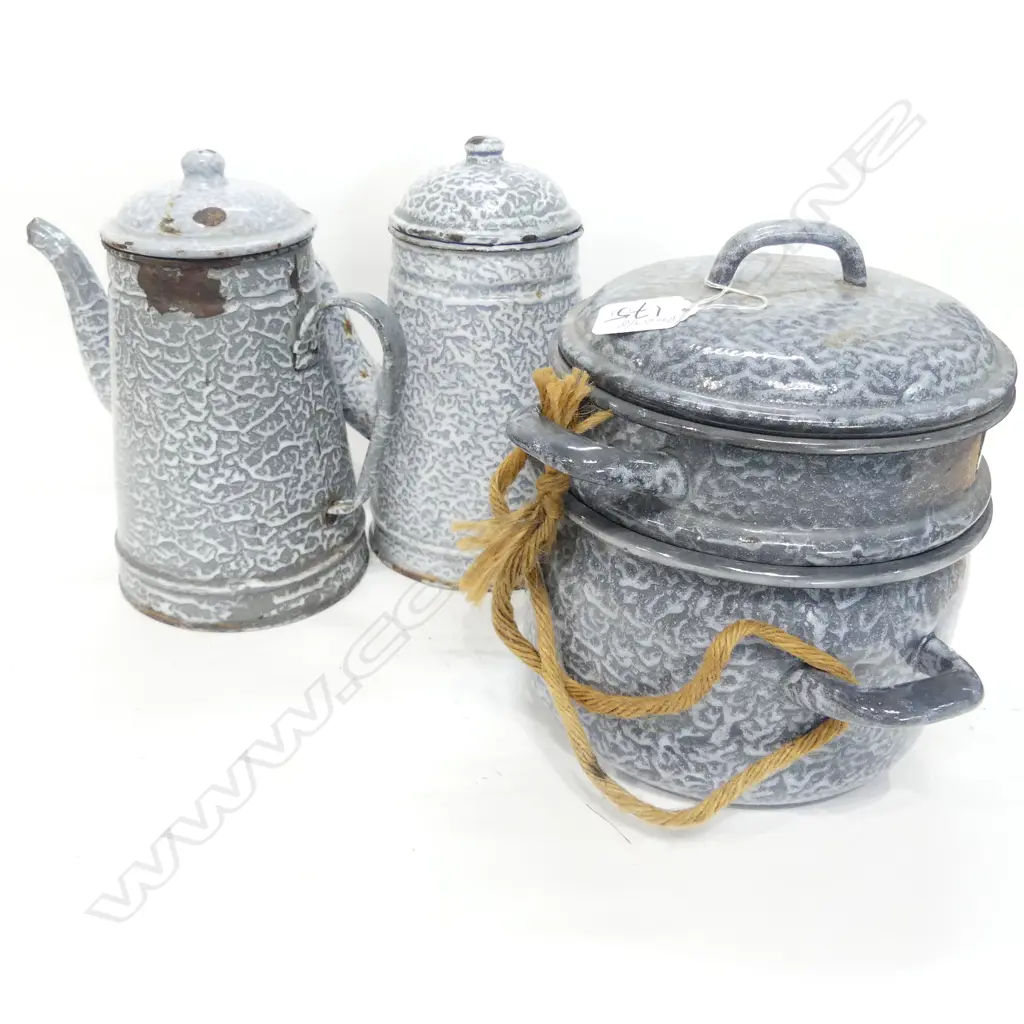 ENAMEL GRANITE WARE STEAMER AND COFFEE POTS  Image 1++
