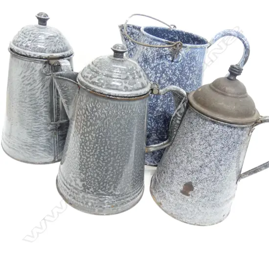 4 ENAMEL GRANITE WARE JUGS H H 300 MM