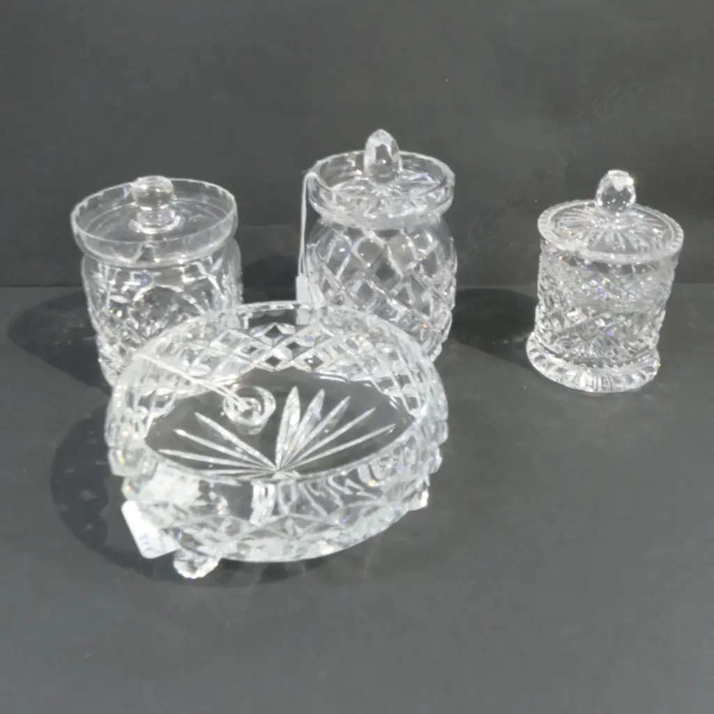 3 CRYSTAL HONEY JARS & BONBON DISH  Image 1++