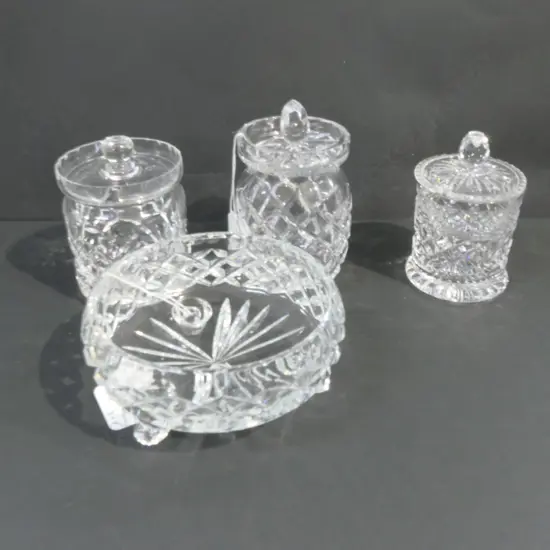 3 CRYSTAL HONEY JARS & BONBON DISH 